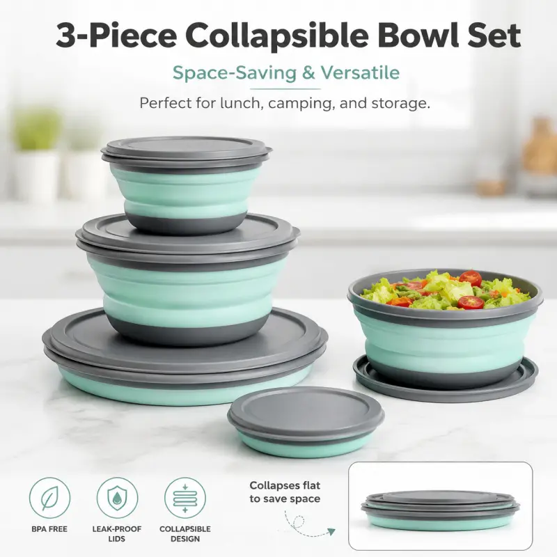 3-Piece Collapsible Silicone Bowl Set, Space-Saving Foldable Food Storage Containers with Lids, Bowls for Meal Prep, Camping, Travel & Lunch, Camping Dishes