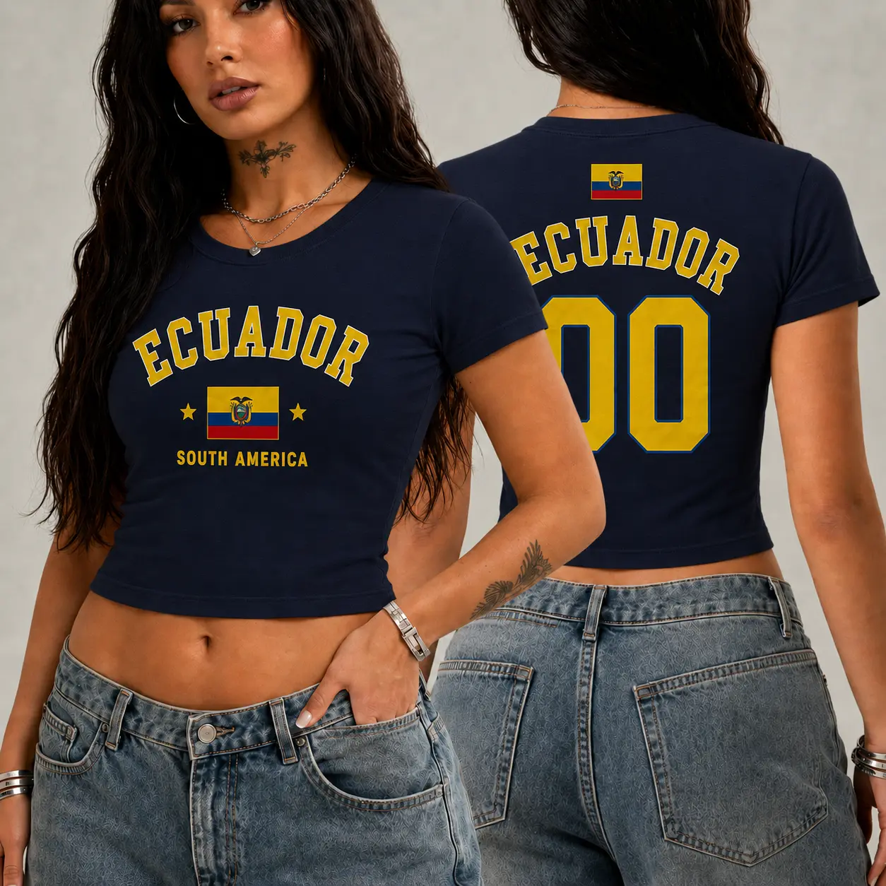 Ecuador Flag Baby Tee , Navy Soccer Crop Top, Ecuadorian Country Pride Game Day Shirt Number 00