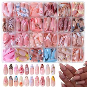 576pcs Long Almond Shape 3D Gel Nail Set, Flower Design, French Tips, Acrylic False Nails, Includes 4 Jelly Glue & 2 Nail Files