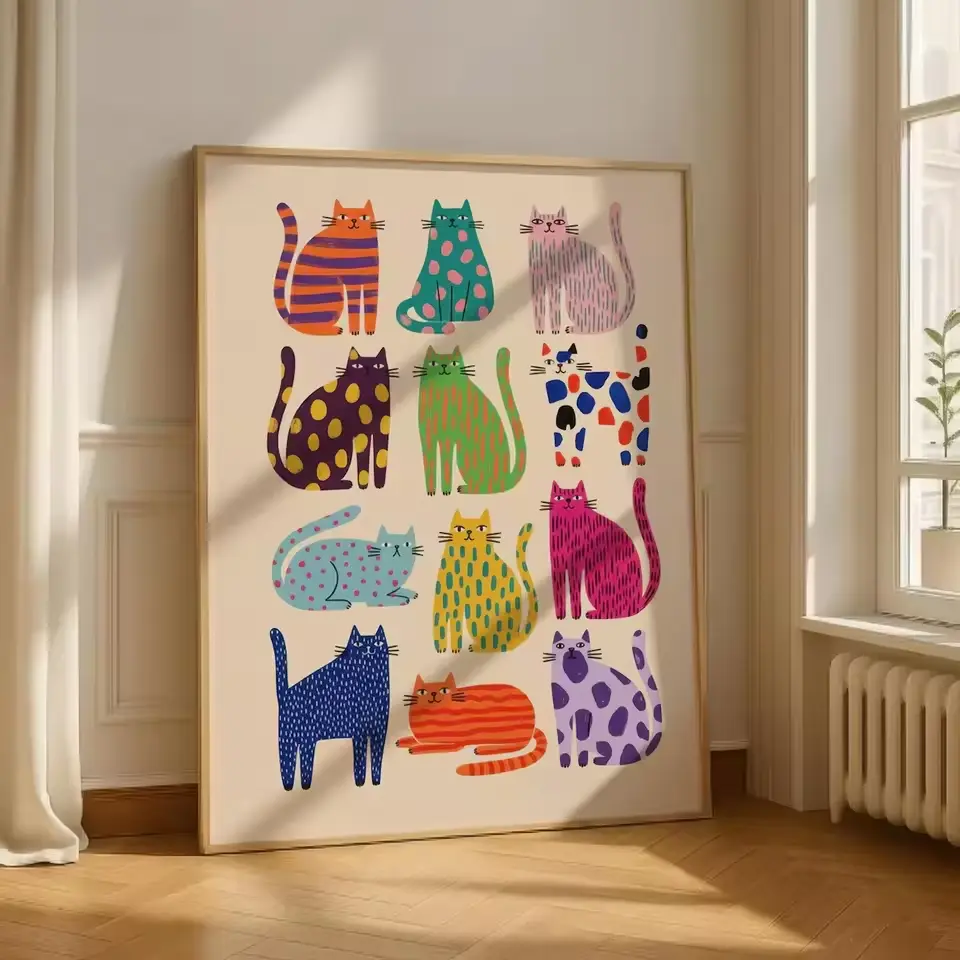 Whimsical Cat Art Print Abstract Cat Wall Art Modern Pop Art Cats Print Whimsical Animal Poster Colorful Cat Wall Art Pictures, [UNFRAMED]