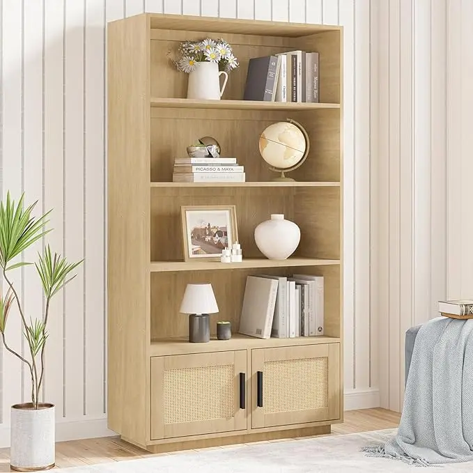 Boho Bookcase with Rattan Doors, 5 Tier Bookshelf, Wooden Bookcase and Bookshelf with Storage, Tall Book Stand, Large Bookshelf for Living Room, Bedroom, Home Office, Kitchen
