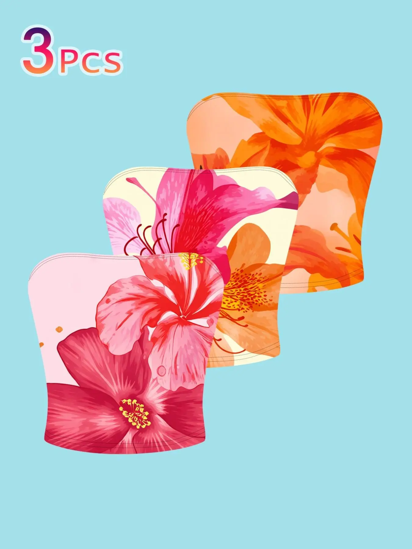 3-Pack Tropical Floral Tube Tops, Sweet Sexy Short Slim Fit Crop Top, Hawaiian Style Inner Outer Wear, Dopamine Color Clothing