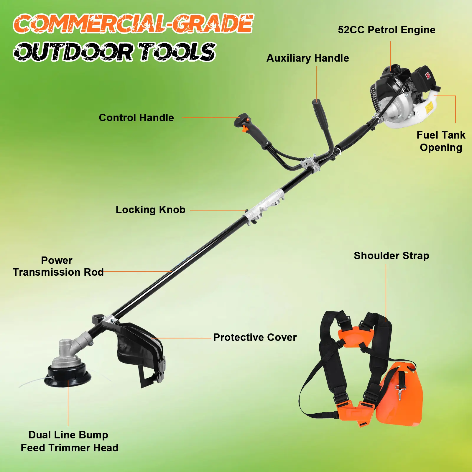 52CC 2-Stroke Gas Powered Lawn Mower with Ergonomic Handle, Powerful Engine Weed Trimmer Lawn Mower, Gas Powered Hedge Trimmer, Weed Eater, 1 X Oil Pot, 1 X Weed Trimmer
