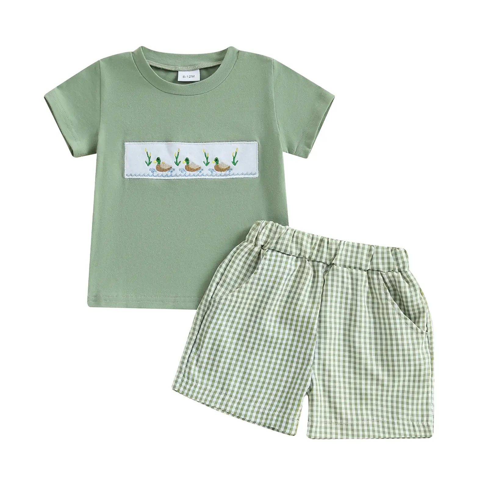 Toddler Baby Boy Summer Hunting Clothes Mallard Duck Embroidery Short Sleeve T-Shirt Tops Casual Plaid Shorts Infant Two Piece Outfit Set #Springtok