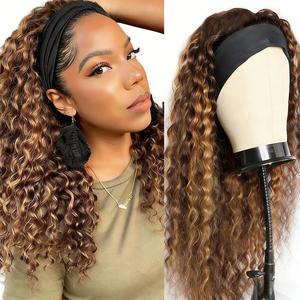 Glueless Highlight Ombre Headband Deep Wave Curly Wig 10A Brazilian Virgin Human Hair Glueless Wear Go Wigs 150% Density#DealsForYouDays