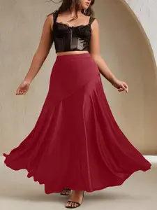 Plus Size Wine High Waist Asymmetrical Patchwork Skirt, Fall Winter Flowy Slimming A-Line Long Skirt, Elegant and Versatile