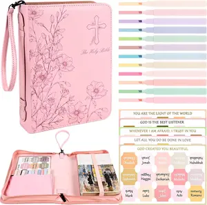 Bible Cover Case for Women Pink Leather Floral Storage Bag with Highlighters Tabs Christian Gifts