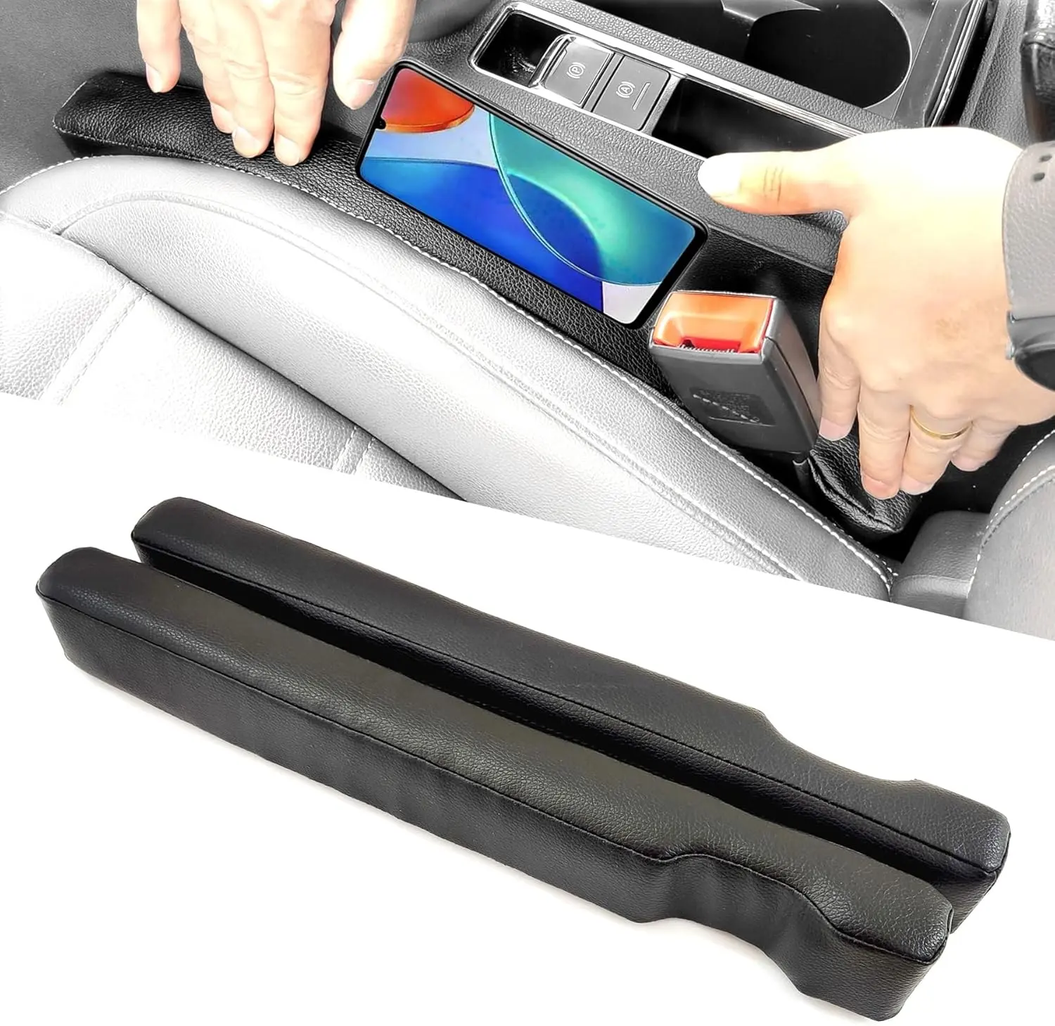Leather Car Seat Gap Filler, 2 Pack No-Drop Seat Guard Universal Gap Stopper/Catcher to Fill the Gap between Seat and Console Black Car Crevice Blocker Space Pad Wuzno