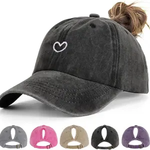 Women's Washed Cotton Adjustable Ponytail Baseball Cap with Heart Embroidery - Hats for Women for Outdoor Sports, Messy Bun Wear
