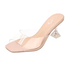 Vivianly Women's PU Leather Mule Heels - 2.7 in Transparent Stiletto Heel, Backless Square Toe Slingback Slip-On Shoe with Leather Top, All-Season Casual Footwear