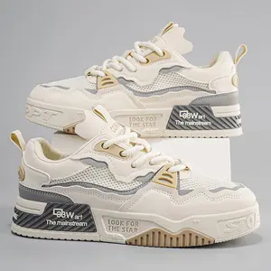 Fashionable spliced color-block lace-up men's shoes, featuring thick soles for height increase, comfort and lightness. With a trendy street style, available in white-black and beige. Suitable for daily wear and outdoor travel as casual men's sneakers.
