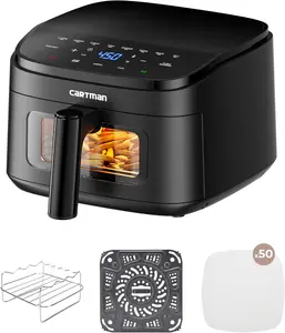 Cartman 4QT Compact Large Air Fryer, Extreme Flat(only 6.7in high), with Viewing Window, Up to 450℉, Touchscreen Controls with 7 Presets, Black