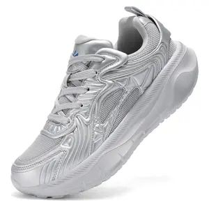 Men's Chunky Lace Up Sneakers Metallic Finish Embossed Design Mesh Panel Breathable Comfort Casual Streetwear Footwear