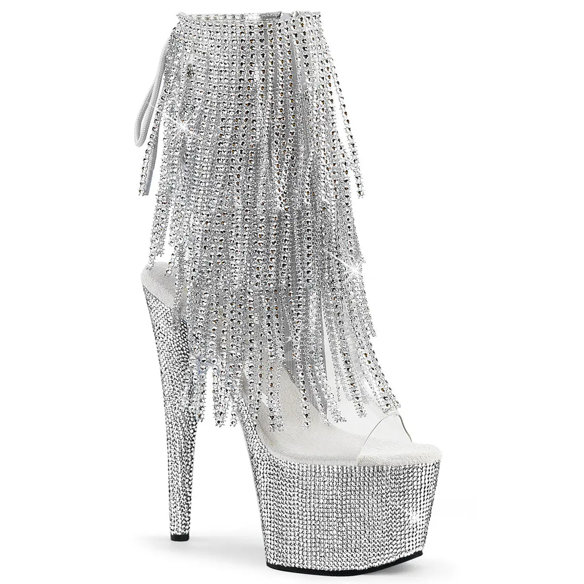 Women's Fashion High Heels - 7" Heel Silver Rhinestone-Encrusted Open-Toe Platform Ankle Boots with 4-Layer Fringe, Lace-Up Back, Classy Design, Footwear, Stylish