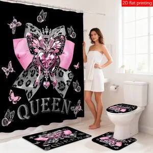 1PC/4PCS Pink Leopard Print Bow Queen Style Shower Curtain Set, Personalized Home Bathroom Decoration, Waterproof Fabric Shower Curtain Set with 12 Hooks, Non-slip Bathroom Rug, U-shaped Toilet Mat, Toilet Lid Mat, Bathroom Decor, Holiday Decoration