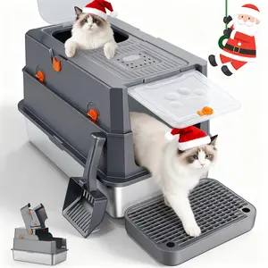 Large Stainless Steel Litter Box with Lid 180° Flip-Top Enclosed High-Sided Cat Litter Box with Scoop & Filter Odor Control Non-Sticky Easy to Clean for Big Cats