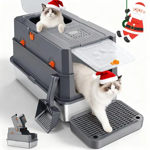 Stainless Steel Closed Box Litter Box (23.2 x 15.3 x 15 inches) - 180° Flip-Top Lid, 40L Capacity for Big Cats, 360° Mess & Odor Control, Leakproof High Sides, Non-Sticky Easy Cleanup, Pedal for Small Cats, Universal Fit, Included Scoop, Closed Box Litter