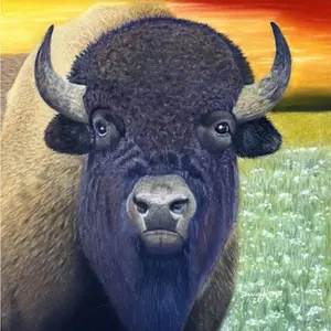 Majestic Bison Special Edition Matted Prints from Original Pastel Painting with Vibrant Sunset Background