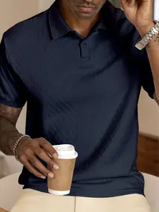 Men's Classic Plain Textured Jacquard Polo Shirt, Summer Luxurious Breathable Collared Short Sleeve T-Shirt, High-End Casual Wear, Menswear