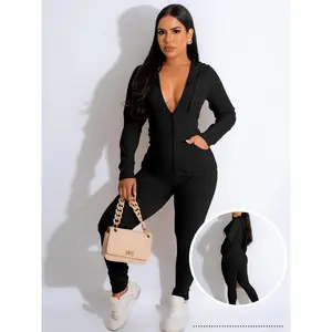 USBoutique Chic  Two-piece Set Women's Solid Zip Up Drawstring Hooded Jacket & Pants Set, Long Sleeve Pocket Top & Trousers, Lady Casual Clothes for Yoga Gym Workout Running Back To School, Two Piece Set Womenswear, Cute Gym Clothes