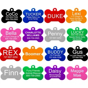 Engraved pet ID tags, available in 8 shapes, 9 colors, and two sizes - customizable dog and cat tags that can add 4 lines of text