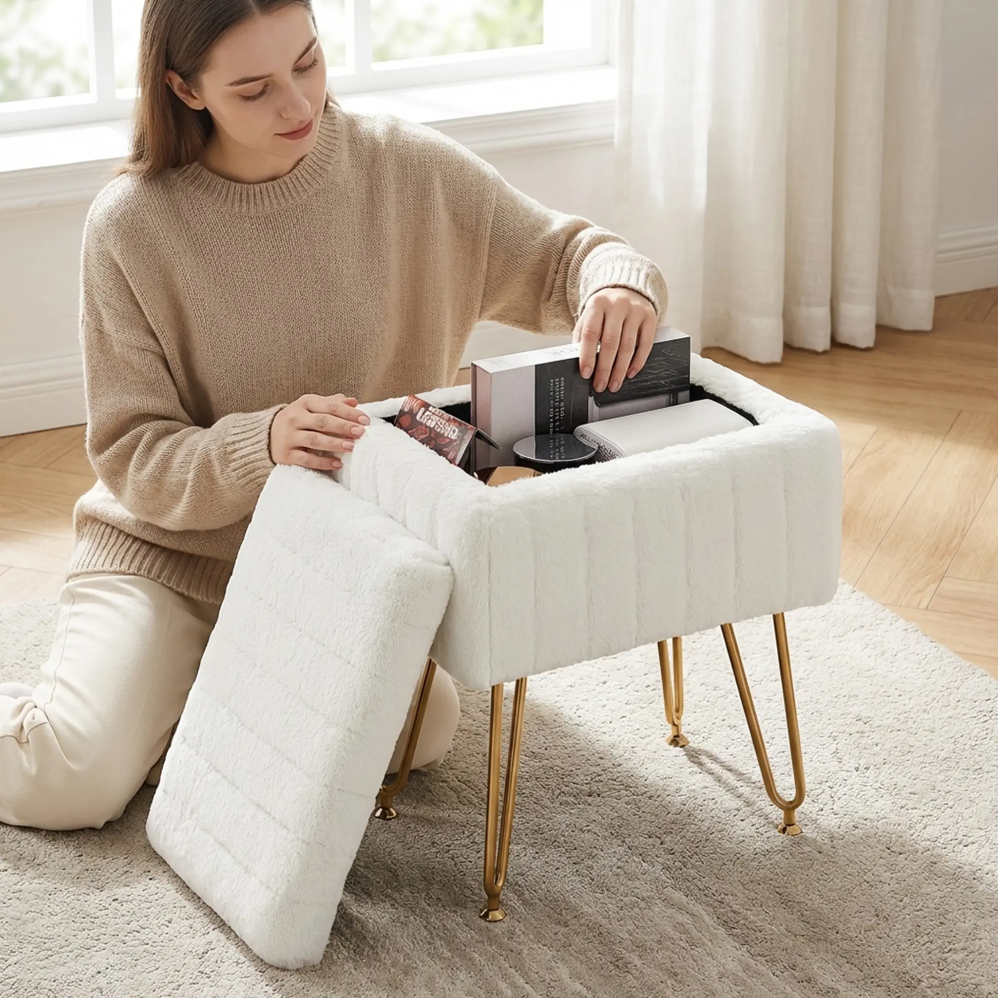 Vanity Stool Chair with Storage, Ottoman Faux Fur Soft Padded Makeup Footstools Seat Modern Footrest for Home Entryway Bedroom Vanity Stool Chair with Storage, Ottoman Faux Fur Soft Padded Makeup Footstools Seat Modern Footrest for Home Entryway Bedroom