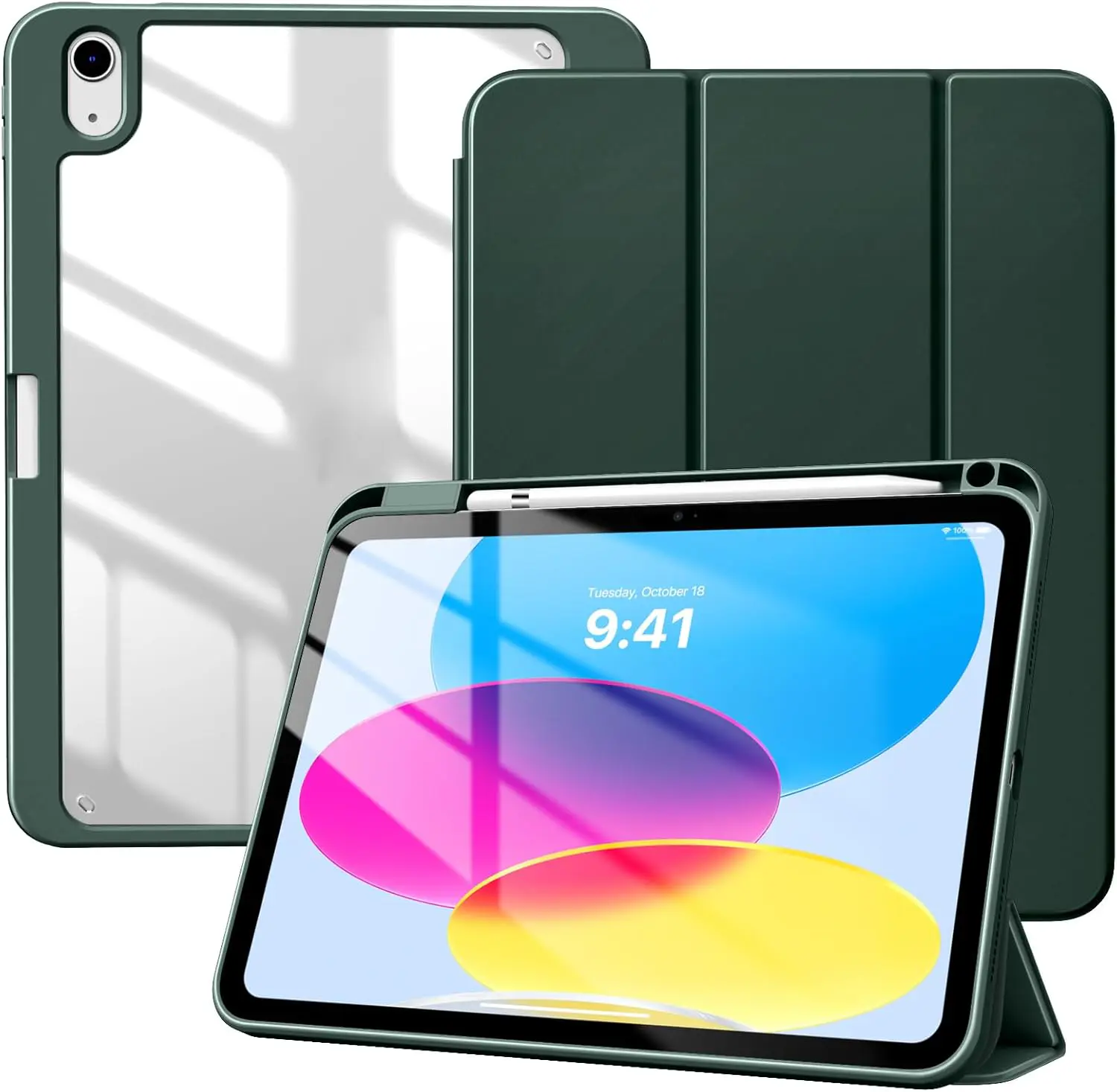 Dark Green Tablet Cover & Casing for iPad Air 11in (M3) 2025/(M2) 2024 & 10.9in 5th/4th Gen 2022/2020, with Detachable Pencil Holder, TPU Transparent Hard Back Shell, Auto Sleep/Wake, Scratchsafe Front Protection, Accessories