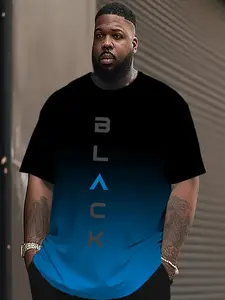 Men's Gradient Blue Geometric Graphic T-Shirt, Casual Relaxed Fit Short Sleeve Round Neck Tee, Polyester Knit Fabric, Summer Outdoor Wear