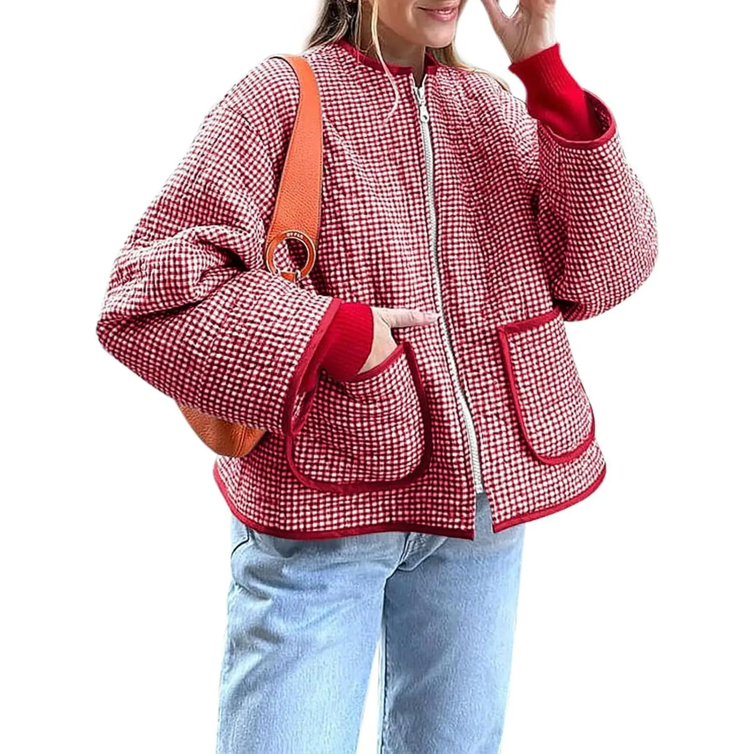 Quilted Plaid Jacket for Women, Casual Zip Up Lightweight Puffer Coat with Long Sleeves and Pockets for Fall Winter