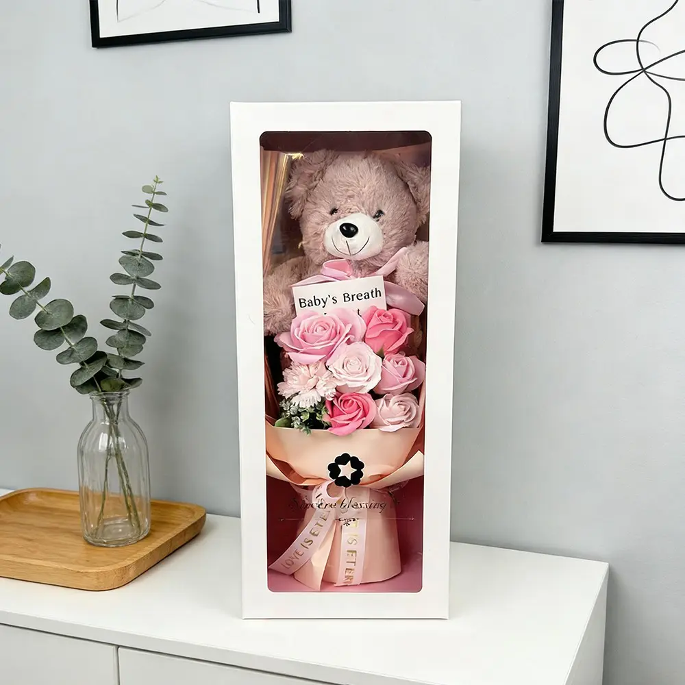 Artificial Rose Bouquet with Teddy Bear, Perfect Mother's Day Gift, Eternal Flower Arrangement, Ideal for Anniversaries and Birthdays