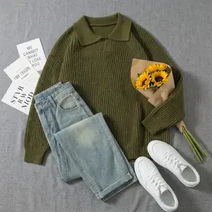 2026 Polyester Elegant Pullover Sweater Unisex Autumn Winter Loose Vintage Solid Color Simple Lazy Old Money Style Collared Knitwear
