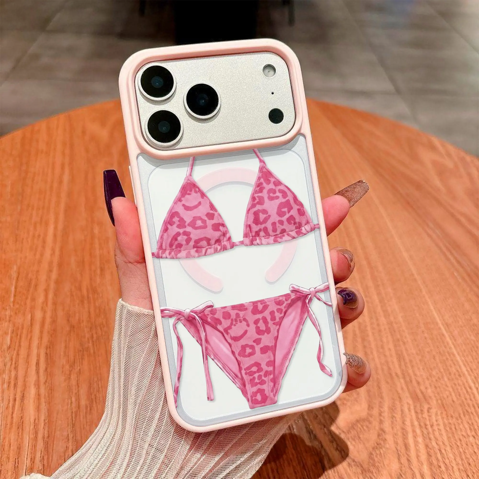 Pink Leopard Bikini Print Phone Case With MagSafe Compatible | Y2K Summer Pool Party Beach Vibes Artistic Clear Cover for iPhone 11-17 Pro Max