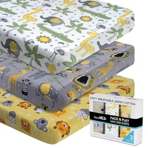 GROW WILD Pack and Play Sheets | Mini Crib Sheets 3-Pack, Soft Pack n Play Sheets, Premium Bassinet Sheet, Safari Elephant Yellow Gray White