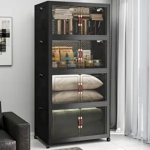 Stackable Storage Bins with Lids, 720QT Lockable Storage Cabinet, Foldable Storage Box with Doors and Wheels, Plastic Drawers for Home, Garage, Office (4, Black, Extra Large)