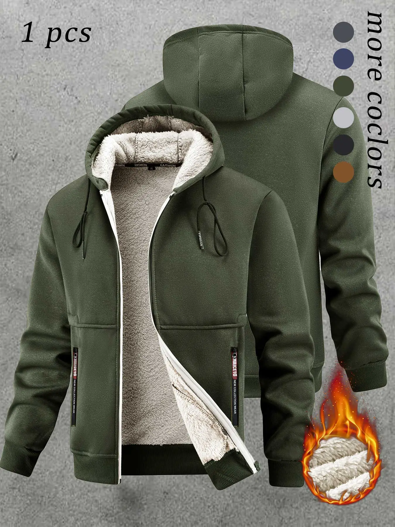 Men's Winter Fleece Hoodie with Zipper, Outdoor Sports Jacket, Polar Fleece Top, Casual Warm Coat, Winter Fashion Clothing for Men
