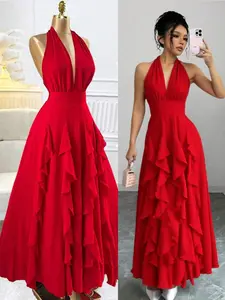 Women Red Boho Romantic Elegant Wedding Guest Graduation Birthday Dresses Evening Beach Sun Dress Western Wear Concert Outfit Holiday Travel V-Neck 2025 Spring And Summer New Loose Casual Halter Free Straps Original Design Multi-Layered Ruffled Bow Long M
