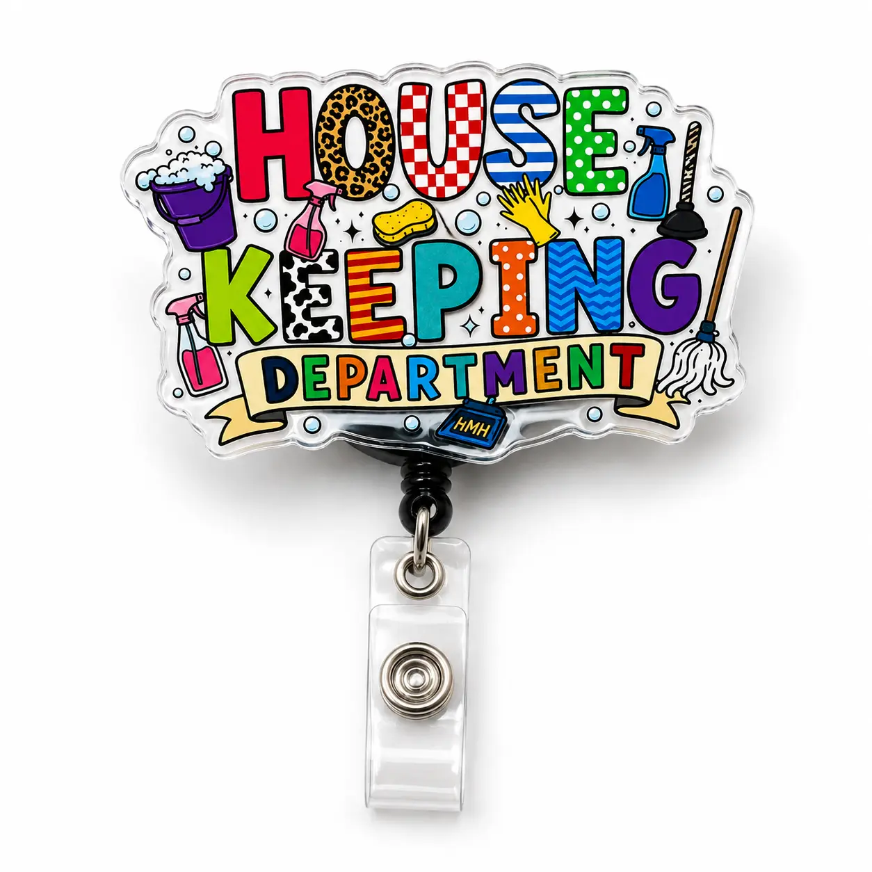Badge Reels for Housekeeping, Cute Housekeeping Department Acrylic ID Holder V2, Retractable Clip Hotel Hospital Staff Appreciation Gift