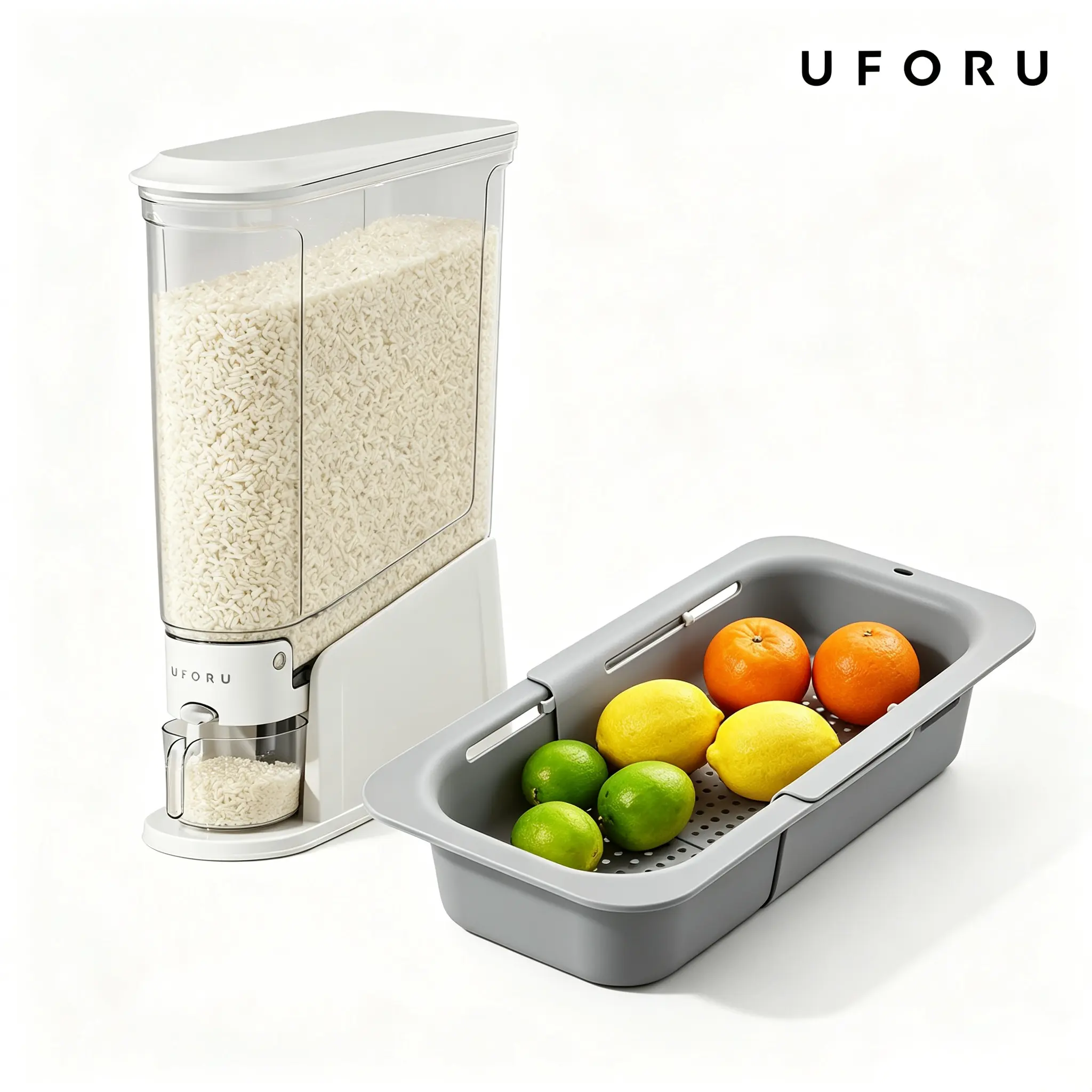 UFORU 2-Piece Kitchen Organization Set, Collapsible Sink Drain Basket and Airtight Rice Storage Container, 11 lbs/22 lbs Large Capacity, BPA-Free One-Press Grain Dispenser, Vegetable Wash Basket