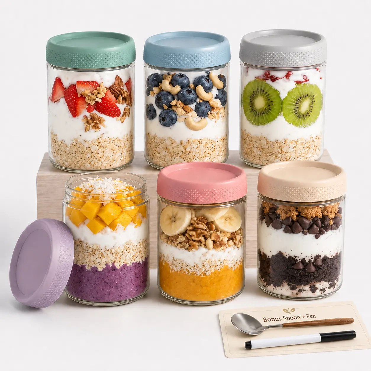 16 Oz Overnight Oats Containers with Lids - 6 Pack Glass Storage Jars with Airtight Lids Wide Mouth Mason Food Jars Great for Meal Prep Salad Chia Pudding Snacks Yogurt Sugar Spice Cereal