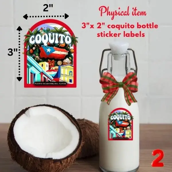Coquito Brand 3x2 Coquito Bottle Labels Stickers Physical Item 2 Inch by 3 Inch Decorative Stickers for Bottles Each Order Includes 12 Stickers Festive Touch for Holiday Sales or Gifts
