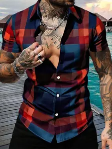 Men's Random Plaid Print Casual Pattern Short Sleeve Shirt, Casual Outdoor Shirt, Regular Fit Soft Comfy Collared Button Top for Summer, Men's Clothes for Beach Vacation, Casual Spring Shirts, Menswear