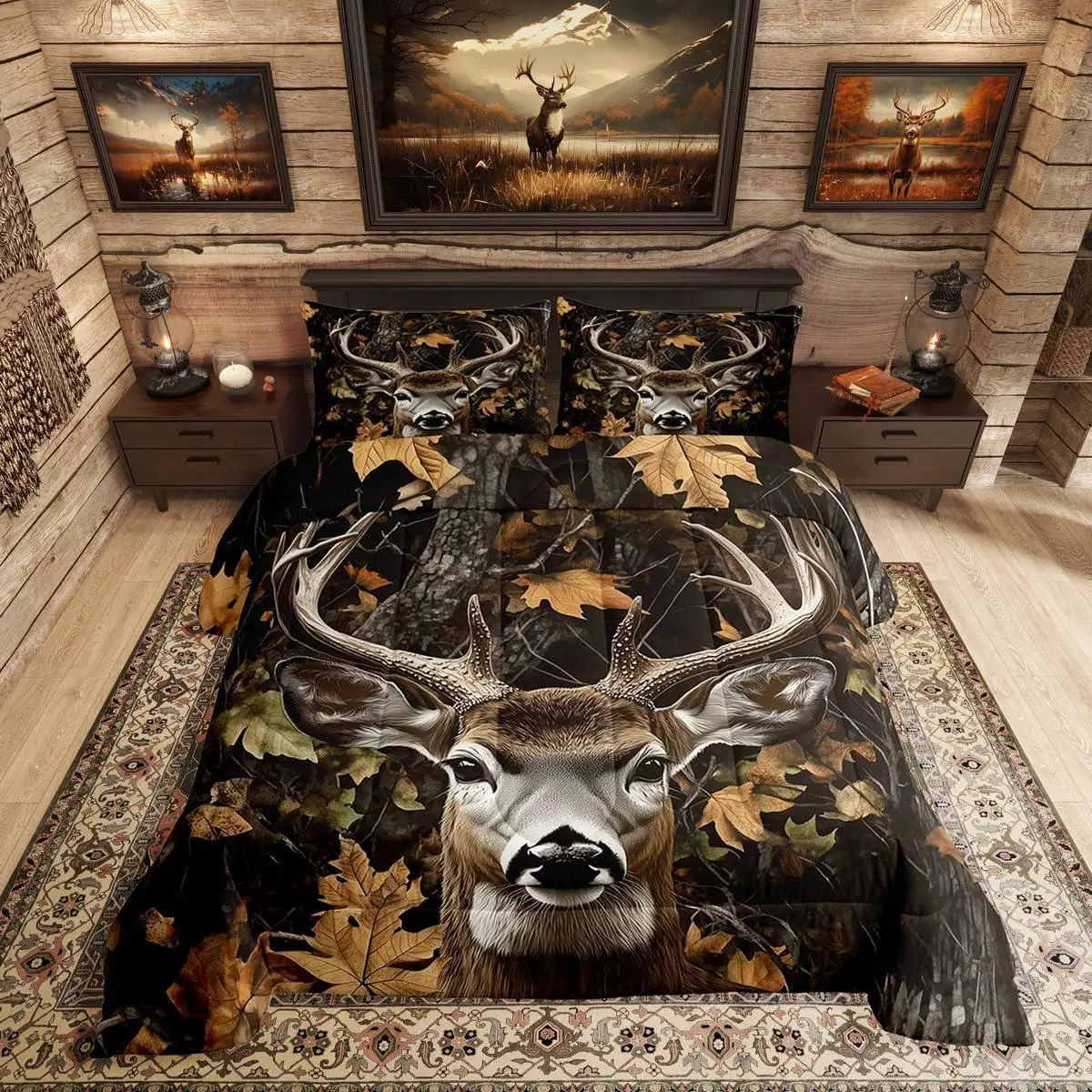 Hunting Deer Comforter Set,Deer Camo Bedding Set,Rustic Camo Animal Print Comforter for Kids Teens Adults,Country Lodge Cabin Quilt Duvet