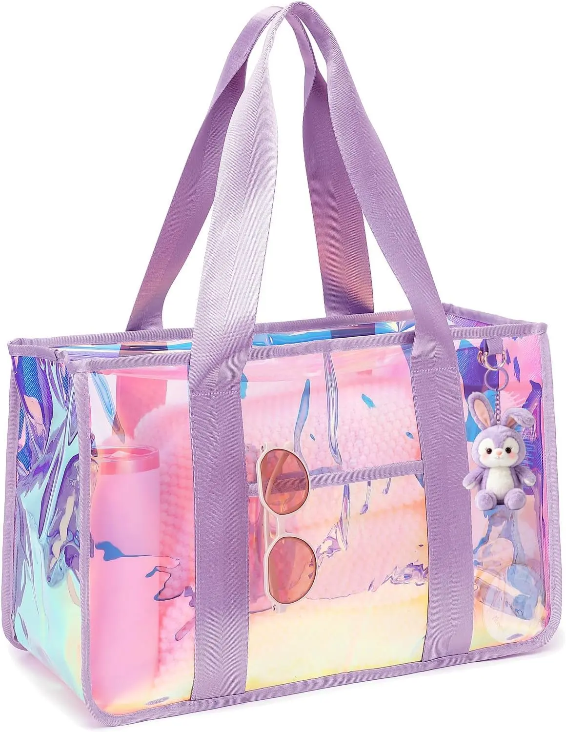 Fammart Iridescent Clear Beach Bags Waterproof Sandproof for Women Large Jelly Tote Zipper Pool Bag Cruise Essentials 2026