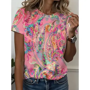 Women's Paisley printed round neck slim fit T-shirt, retro casual short sleeved T-shirt, suitable for daily wear, all season women's clothing, topRAIMENTRY