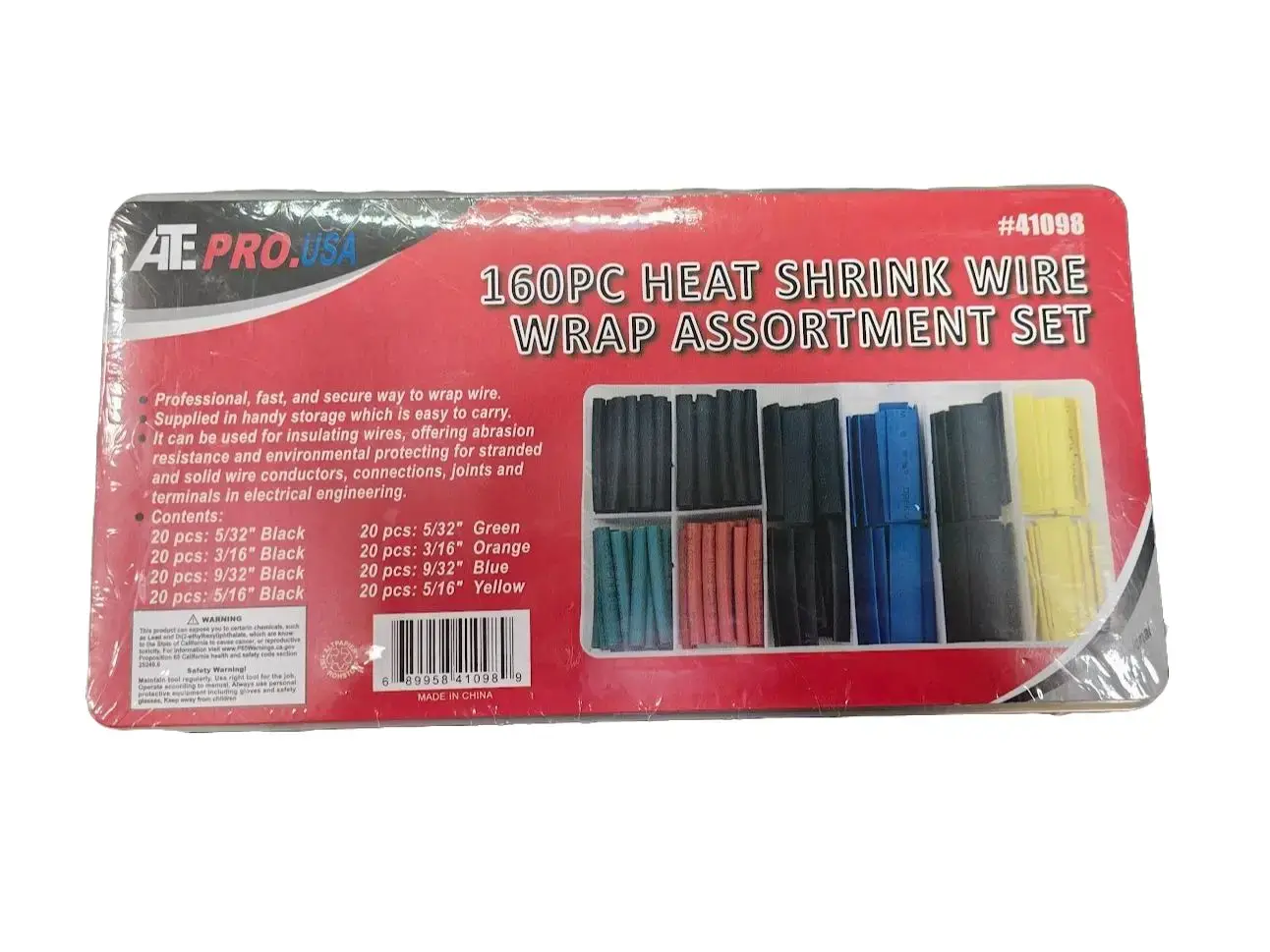 ATE PRO.USA 160pcs Heat Shrink Wrap Assortment Kit, Multi-Size Wire Insulation Hand Tools with 20pcs 3/16" Black Wraps, Inches Sizing, Handy Storage (41098)