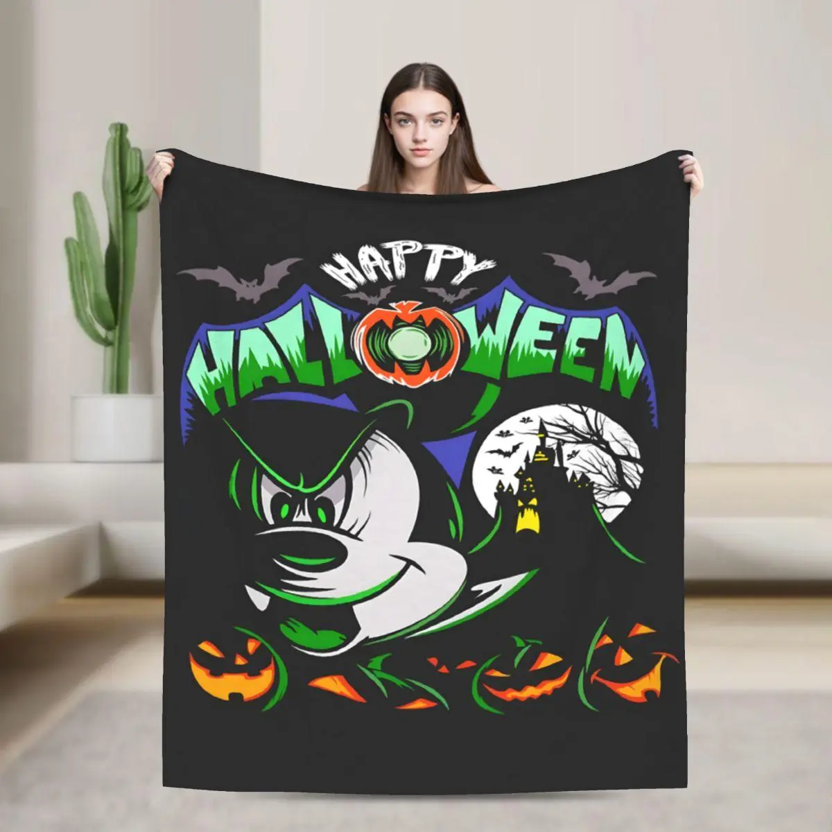 [SummerVibes] DISNEY CLASSIC Halloween Evil Mickey Flannel Blanket - Soft, Warm, Bat Pumpkin Cartoon Design, Sofa, Bed, Office, Blanket for Couch