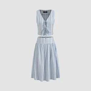 CIDER Women's 2-Piece Striped Set, 0-10 Size 100% Cotton V-Neck Tie-Front Crop Vest & Mid-Rise Ruffle Midi Skirt