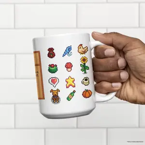 Stardew Valley Gaming Coffee Mug | Coffee Stats Item Card | Pixel Art Sprites | Video Gaming Gift | 11oz / 15oz Cup