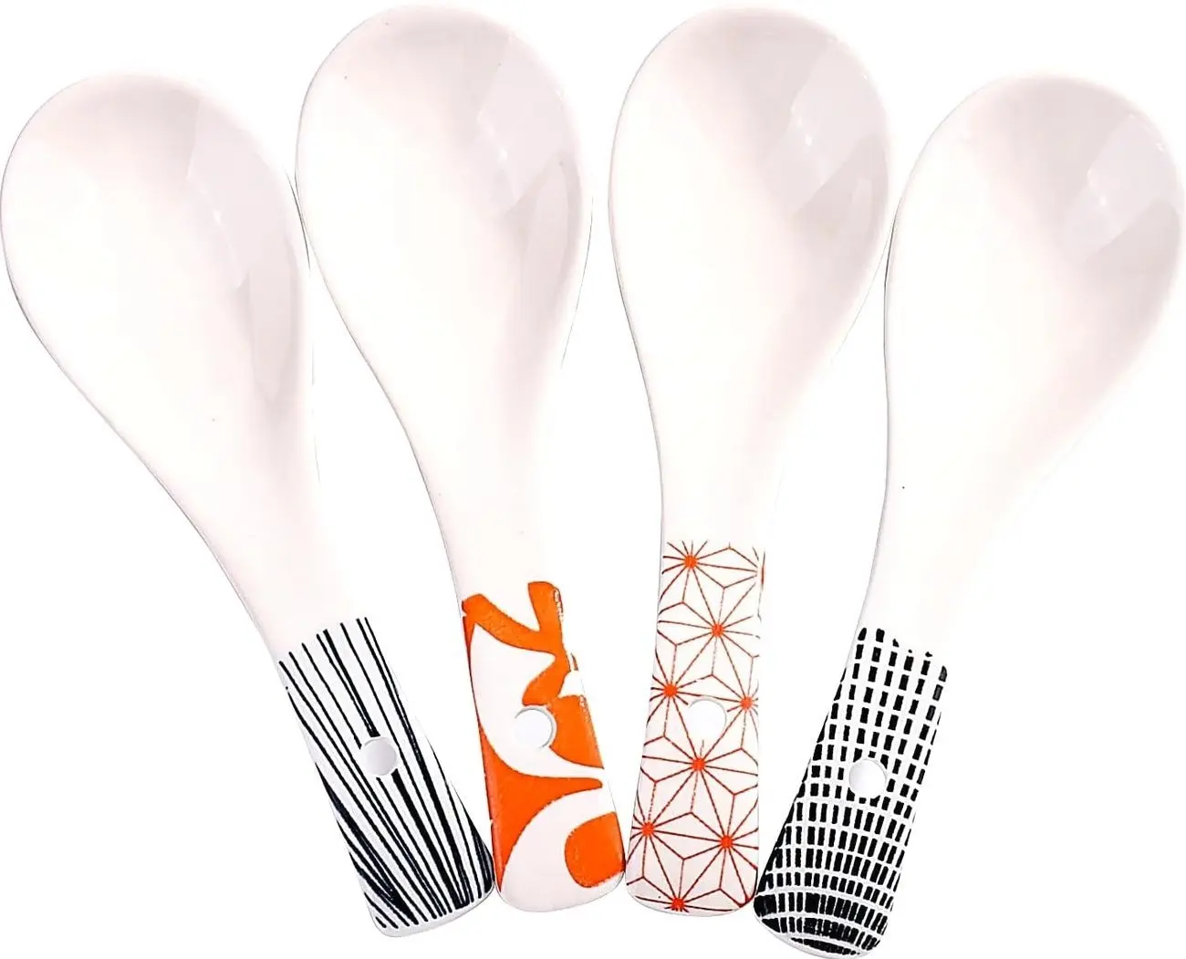 Japanese Ceramic Soup Spoon Set of 4, 5.66‘’ Retro Geometric Spoons | Cute Asian Porcelain Spoons for Soup, Pho, Miso or Rice. Durable Kitchen Tableware, Dishwasher safe