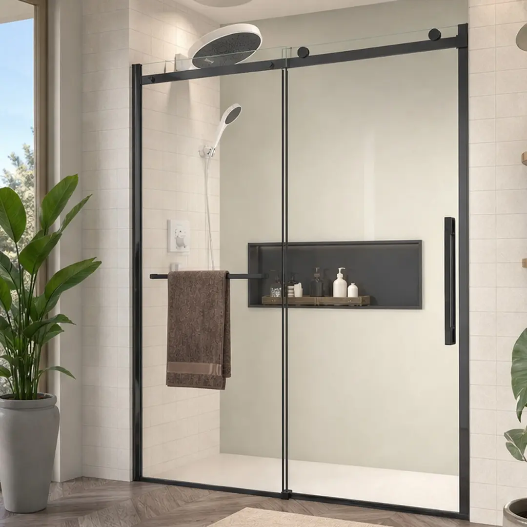 Matte Black Frameless Sliding Shower Door - 56-60in W x 76in H Adjustable Width, 8mm Tempered Glass, Easy-Clean Coating, Quiet Easy-Glide Operation, Towel Bar, Handle, Modern Bathroom Enclosure Doors with Exceptional Strength, Easy Glide Shower Doors